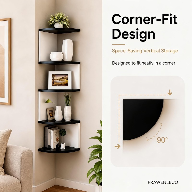 No-Drill Corner Shelf Wall Mount, 5-Tier Floating Corner Bookshelf with