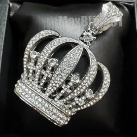 MaxBling81 HIP HOP ICED SILVER PLATED CUBIC ZIRCONIA LARGE KING CROWN BLING CHARM PENDANT
