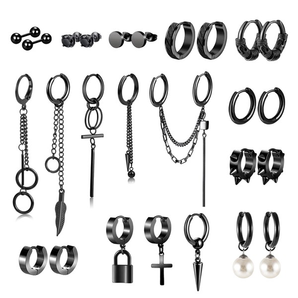 26 Pcs Black Earrings Set for Men, Black Stud and