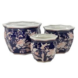 Galt International Blue & Pink Round Fluted Floral Porcelain Ceramic Plant Flower Planter Pot Set of 3 (7.5", 10", 13") Garden Pots Chinese Asian Design