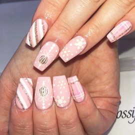 Christmas Press on Nails Pink Short Square - ZWENJIE Winter Glitter Fake Nails French Full Cover Artificial Acrylic False Nail Snowflake Light Ball Plaid Line Designs Xmas Holiday Glue on Nails 24 PCS