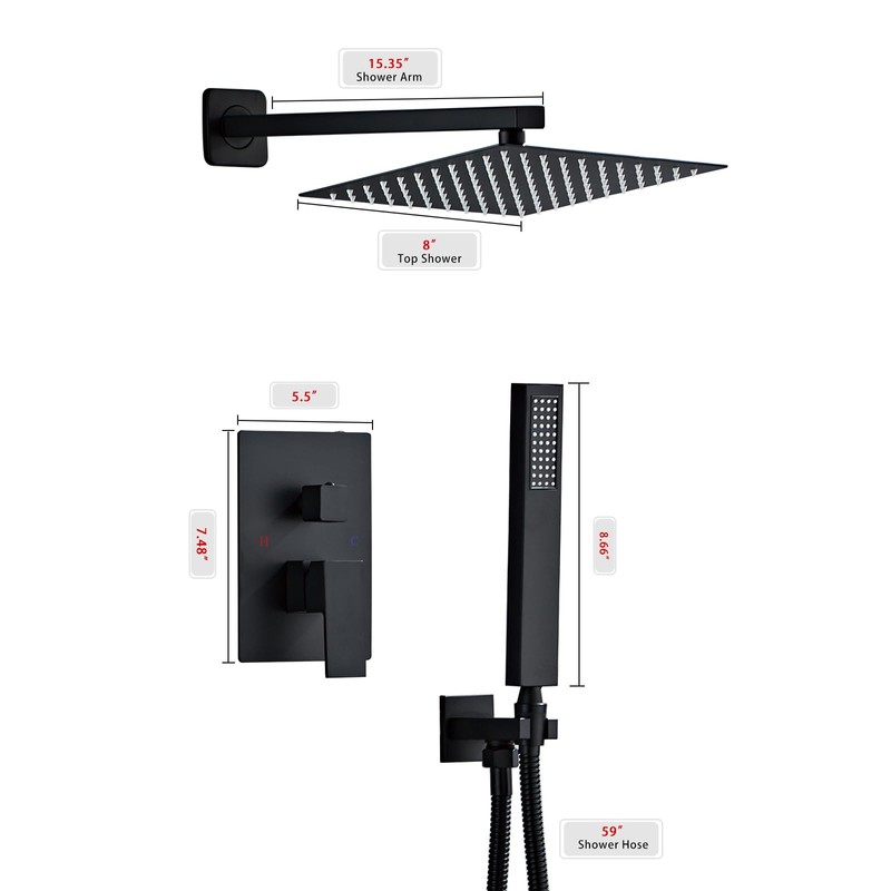 SaniteModar Black Shower Head System 8 Inch Square Rainfall Shower