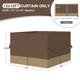 Aoodor 12x12 ft Outdoor Gazebo Curtains, 4 Panels Waterproof Privacy Sidewall Replacement with Zipper for Patio Pergola and Canopy, Brown and Khaki