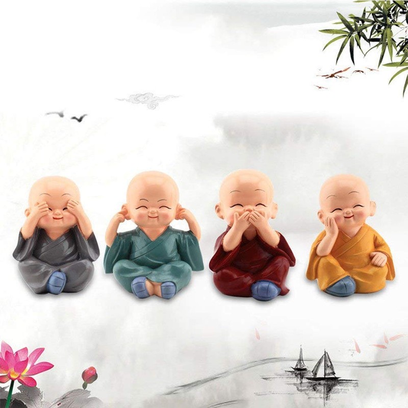LHKJ 4Pcs Cute Little Monks Figurine Statue Decor Gift, Wealth