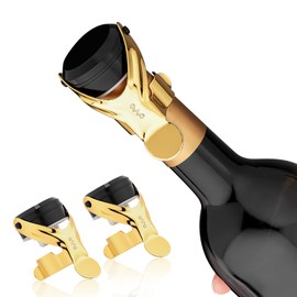 OWO Tapones de vino de acero inoxidable con protector de vino de silicona para todos los cuellos de botella estándar, a prueba de fugas, para mantener frescos (dorado, paquete de 2)