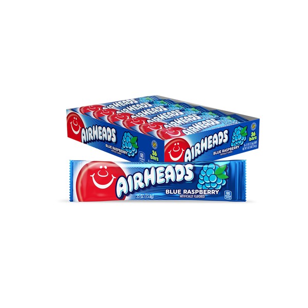 Airheads Candy, Blue Raspberry Flavor, Individually Wrapped Full Size Bars, Taffy, Non Melting, Party, Pack of 36 Bars,0.03 kilogram