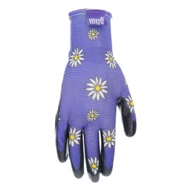 MUD Grip Women's Daisy Printed Polyester Shell and Flat Nitrile Coated Palm Gardening Gloves, Superior Grip, Water Resistant, Extreme Comfort, Violet, Medium/Large, (MD31001V-WML)