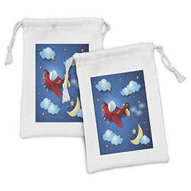 Lunarable Plane Fabric Pouch Set of 2, Retro Airplane Flying at Night Sky with Moon and Stars Artisan Cartoon Print, Small Drawstring Bag for Toiletries Masks and Favors, 9" x 6", Blue and Red