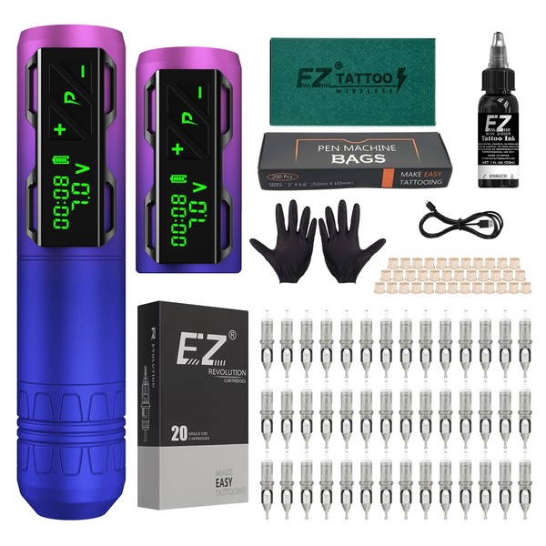 EZ Tattoo Gun Kit - Wireless Tattoo Machine Kit Complete with Rotary Tattoo Machine Pen, 40Pcs Tattoo Cartridge Needles, 1800mAh Power Supply Battery for Tattoo Starter (P2S Purple)