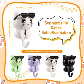 MICHIHOMIE 4 Stück Schlüsselhaken Selbstklebend, Katzen Sonnenbrille Kleiderhaken Kinder, Cartoon Schlüsselhalter, Kreative Wandhaken Katze für Garderobe, Wand Dekoration