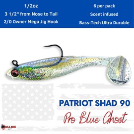 USA Bass Tackle Patriot Shad - Scent Infused Paddle Tail Swimbaits Pre Rigged Fishing Lures Premium Bait with Strong Owner Hook, Fishing Gear for Bass Freshwater Predator Fish - Pro Blue Ghost