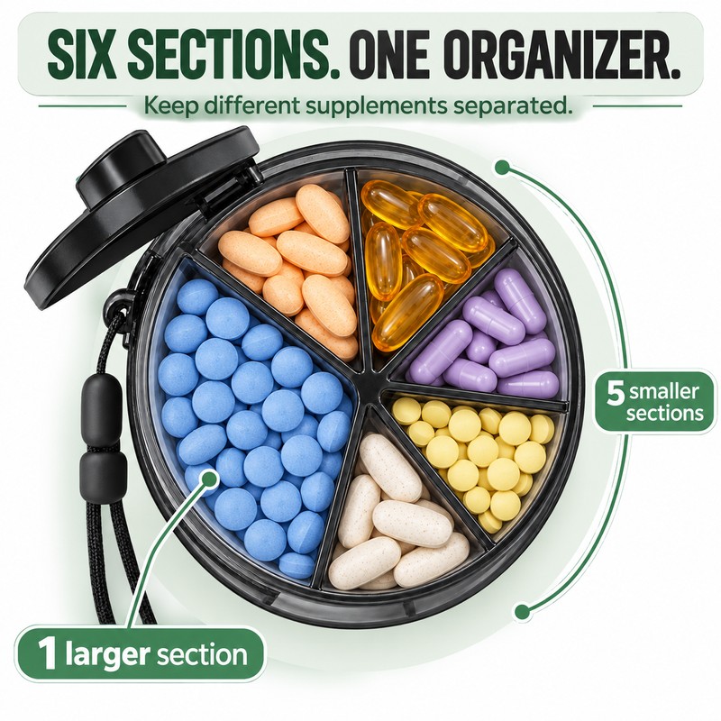 6 Compartment Pill Organizer with Rotating Lid Large Capacity Portable
