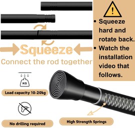 Curtain Rods No Drilling Adjustable Shower Rods Extendable Non-Slip Ends Tension Rod for Curtain Rod for Wardrobe Bathroom (Black, 73-115cm/1pc)