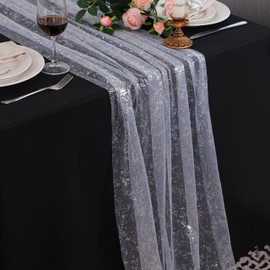 Snowkingdom 3 Pcs 10 FT Silver Cheesecloth Table Runner, 120 Inch Sheer Chiffon Gauze Runner, Sequin Glitter Silver Table Decoration Centerpieces for Wedding Birthday Christmas Bridal Baby Shower