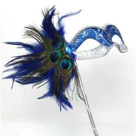 LADIES SPARKLING BLUE & SILVER VENETIAN MASQUERADE CARNIVAL PARTY EYE HAND HELD MASK ON A STICK WITH PEACOCK FEATHERS