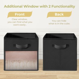 STORAGEIDEAS Storage Bins with Clear Window, 11x11 Storage Cubes, Collapsible Cube Storage Box, Fabric Closet Organizers with Handles for Home, Office, Shelf, Closets, Living Room, Black, 6 Pack