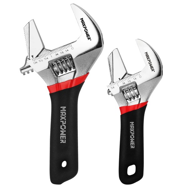 MAXPOWER Adjustable Spanner Set, 2-in-1 Adjustable Wrench Set, Plumbing Wrench Pipe Wrench with Reversible Wide Opening Jaw (6"/150mm and 8"/200mm)