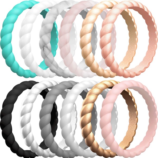 ThunderFit Thin Braided Silicone Wedding Rings for Women - 16 Rings / 12 Rings / 10 Rings / 8 Rings / 4 Rings / 1 Ring Stackable Rubber Engagement Band 3.1mm Width - 2mm Thick