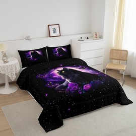 Cute Cat Butterfly Animal Boys Kids Comforter Set Full Size,Fantasy Starry Sky Duvet Set Room Decor,Purple Galaxy Brushed Microfiber Soft Bedding Comforter