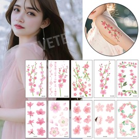TVETE 10pcs Color Tattoo Cherry Blossom Tattoo Stickers Waterproof Cute Long Lasting Durable Branch Single Flower Bracelet Tattoo Sticker Necklace Clavicle Arm Ankle Easy to Use Beautiful Daily Life