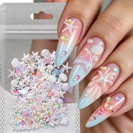 200Pcs 3D Aurora Beach Nail Charms Set Summer Ocean Nail Art Charms with Mermaid Starfish Seashell Pearls&Colorful Rhinestones Resin Nail Jewelry for Women DIY Manicure Decor Accessories