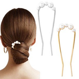 2Pcs French Hair Pins with Pearl U-Shaped French Twist Hair Pin Metal French Pin for Women Girls Large French Clip Vintage Hair Sticks Double Prongs Hair Pin Hairstyle Accessories, Gold and Silver