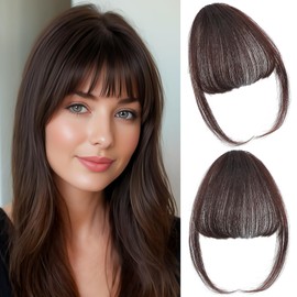 Cesomeey Clip in Bangs 100% Real Human Hair, Wispy Bangs Hair Clip, Hair Bangs Clip in Human Hair, Fake Bangs Fringe with Temples Hairpieces, Clip on Bangs for Women Daily (Dark Brown, Wispy Bangs)