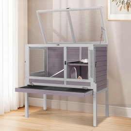 Wooden Guinea Pig Cages Indoor,Two-Story Wooden Rabbit Cage Hutch with Removable Stand and Pull Out Tray, Small Animals Cage Habitat with Ramp and Wire Mesh(Grey&Purple)