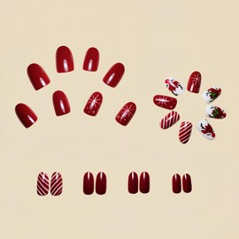 Christmas Press on Nails Medium Almond Fake Nails with Red White Stripes Design Elk Glue on Nails Snowflake Stick on Nails Glossy Reusable Winter Xmas False Nails for Women Girls Manicure 24pcs