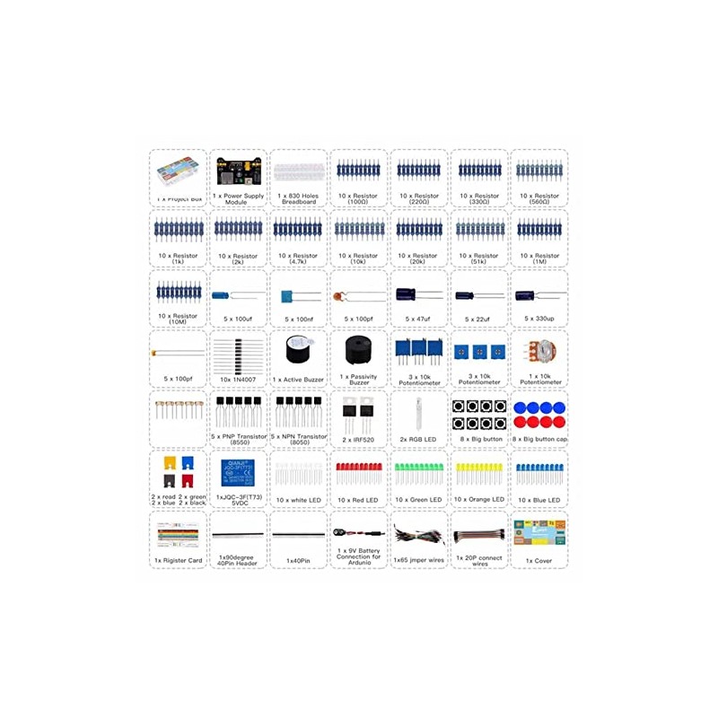 Kit de Componentes Electrónicos con Resistor Capacitor Transistor y LED