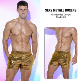 GENEMEN Men's Metallic Shorts Sexy Shiny Glitter Boxer Shorts Sequins Rave Carnival Outfit with Pockets, gold, XL