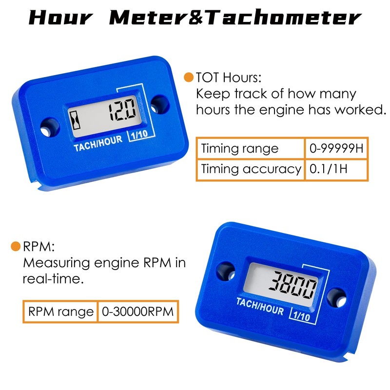 NInE-ROnG Tach Operating Hour Counter Digital LCD Inductive Tachometer RPM