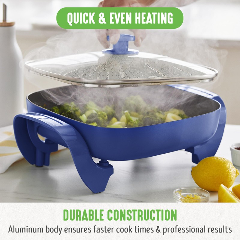 GreenLife 12" 5QT Square Electric Skillet, Glass Vented Lid, Ceramic