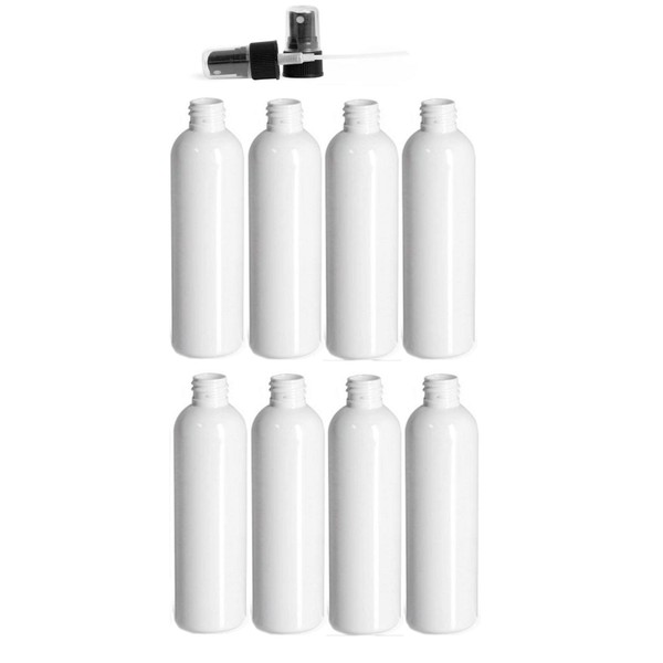 4 Ounce Cosmo Round Bottles, PET Plastic Empty Refillable BPA-Free, with Black Ribbed Fine Mist Pump Spray Caps (Pack of 8) (White)