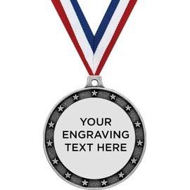 Crown Awards 2.5" Silver Universal Star Engraving Medal Award with Neck Ribbon, Custom Free Engraving