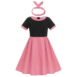 Vintage 1950s Dress for Girls Polka Dots Retro Tea Party Dresses Kids Audrey Hepburn Rockabilly 50s Outfit Toddler Birthday Dresses A Line Swing Bow Tie Little Girl Graduation Dress Pink 7-8 Years