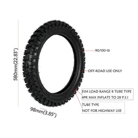 24.6" 70/100-19 Front + 22.8" 90/100-16 Rear Wheel Tire with Inner Tube without Rim for 50cc - 150cc Dirt Bike Monkey Bike Off Road Pit Bike Motocross TTR125 CRF150 DRZ125 XR100 KX100