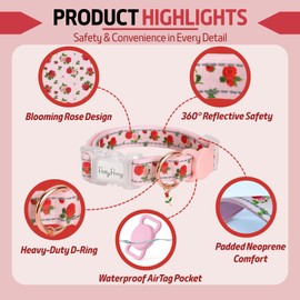 Petty Perry Waterproof AirTag Holder Dog Collar for Small Medium Large Dogs, Adjustable Pink Rose Reflective Dog Collar with Quick Release Buckle, Durable & Stylish, Size L