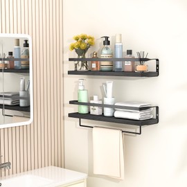 MDCXJXQC Bathroom Shelves with Towel Bar,Floating Shelves for Bathroom, Kitchen, Bedroom, Paulownia Wood, Matte Black Metal Frame - Set of 2 (Black)