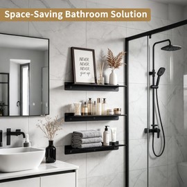 LANC 8" Small Floating Shelf for Wall Storage, Stainless Steel Metal Bathroom Shelf on Wall Mounted, Matte Black Mini Display Shelves for Bathroom/Living Room/Kitchen/Shower Caddy, A7283MB-L2