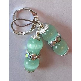 handcrafted SEAFOAM CAT EYE & CRYSTAL drop earring SP LEVERBACK handcrafted