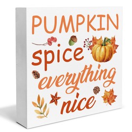 Fall Decor Pumpkin Maple Leaf Wooden Box Sign Pumpkin Spice Everything Nice Decorations Rustic Home Desk Shelf Tabletop Decor 5 x 5 Inches