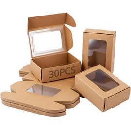 QWORK® 30 Packs Kraft Paper Boxes With Clear PVC Window 85 * 60 * 30mm, Present Packaging Box for Various Celebrations