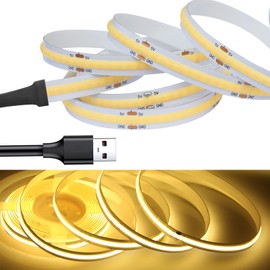 LEKE COB LED Light Strip, Flexible, High-Density, 98 LEDs/ft. (320 LEDs/m), DC 5 V, 180° Light, CRI>=90, Double-Sided Tape, Cuttable, Home, Office, Indoors, 3000 K Incandescent Color, 6.6 ft. (2 m)