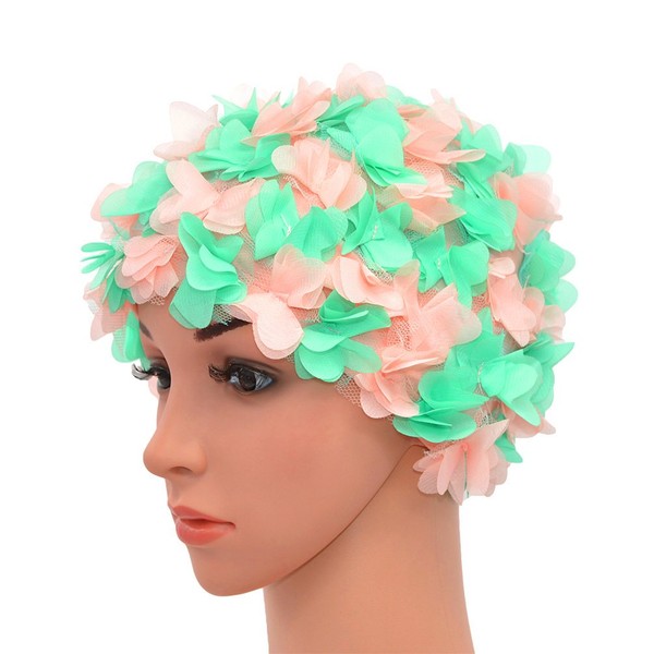 Medifier Lace Vintage Swim Cap Floral Petal Retro Style Bathing Caps for Women Rose Pink and Green