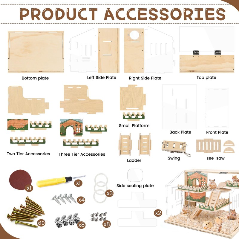 Wooden Hamster Cage Large, 16-Inch 3-Layer Acrylic Hamster Cage, Small
