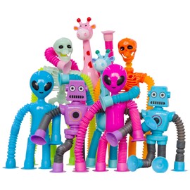 Pop Tubes Skeleton Fidget Toys for Kids, 4Pack Robot Fidget Pop Toys Telescopic Suction Cup Toy for Stress and Anxiety Relief, Easter Basket Stuffers Gift for Kids and Toddlers (8 Pack Multi-Items)