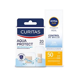 Kit NiveaCuritas Rutina Sun Face - Nivea Sun Protección Solar Facial control de brillo Fps 50  Curitas Venditas Adhesivas Aqua Protect                