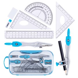 Math Geometry Kit Set 10 Pieces with Shatterproof Storage Box, Student Supplies Drawing Compass Includes Protractor, Rulers, Compass, Pencil Sharpener, Lead Refills, Pencil, Eraser(Blue)