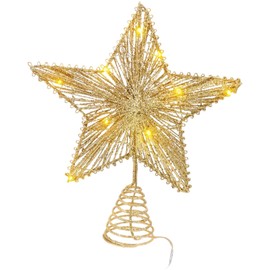 YIQXKOUY Christmas Star Tree Topper Glittered Gold Star Hallow Tree Topper with String Light Easy Assembly Star Topper for Indoor Office Christmas New Year Holiday Tree Decoration